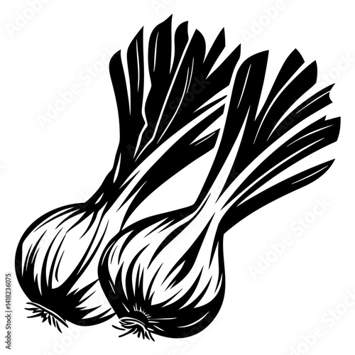Two onions with long green leaves in a simple black and white art