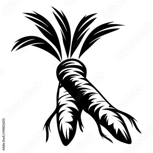 Monochrome artistic representation of fresh wasabi roots with vibrant green leaves