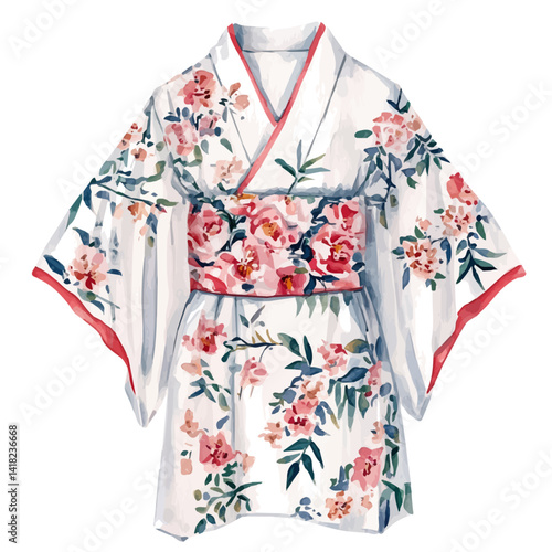 Floral Kimono With Short Sleeves, vector watercolor illustration, isolated on a white background.