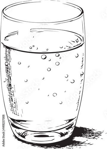 Glass of Still Water Black and White Vector Illustration, Sketch Drawing Line Linear Symbol Icon Engraving, Hand-drawn Isolated