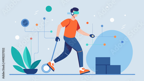 A virtual reality program that utilizes biofeedback technology to help individuals with mobility issues improve their gait and balance through guided. Vector illustration