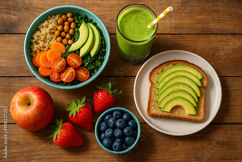 Healthy Breakfast Flat Lay with Avocado Toast and Smoothie