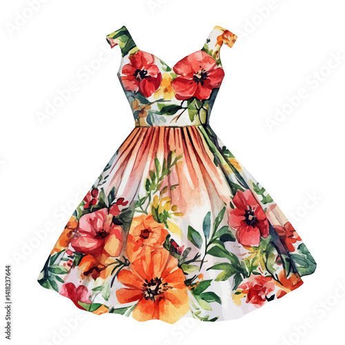 illustration of Floral Dress With A Sweetheart Neckline, watercolor vector, isolated on a white background.
