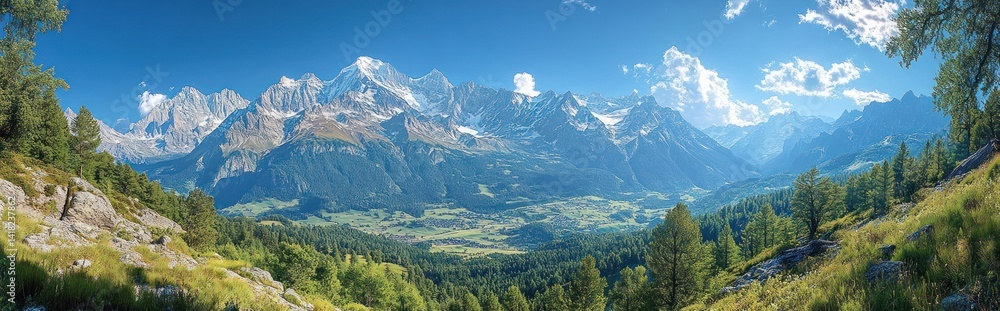 Fototapeta premium Mountain landscape with trees and a clear blue sky with some clouds.