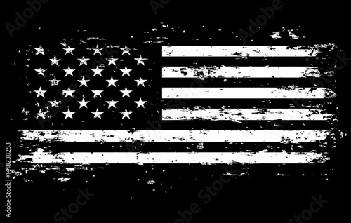 Vector illustration of the United States of America flag in black and white with a distressed or grunge texture. Represents the USA, American patriotism, and a worn, graphic aesthetic.