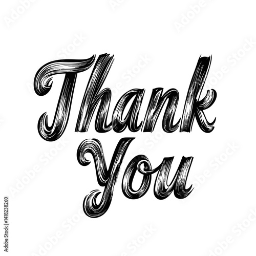 Vector illustration featuring the phrase "Thank You" in a handwritten-style font with a textured or slightly rough appearance in black and white. Represents gratitude, appreciation, and a simple, hear