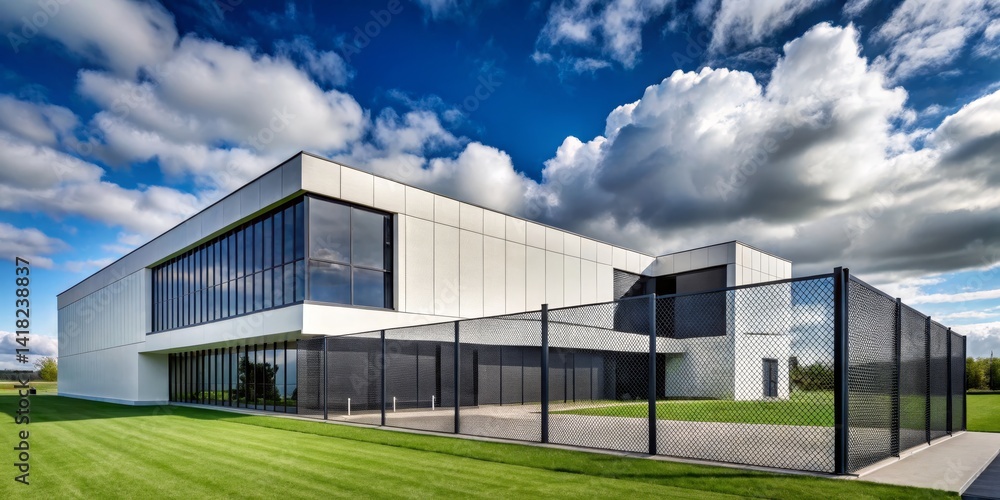 custom made wallpaper toronto digitalModern Office Building with Large Windows and a Black Chain-Link Fence, Blue Sky, White Clouds, Architecture Photography, Commercial Building, Office Space