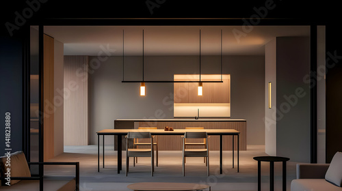 Modern Minimalist Dining Kitchen Evening Scene