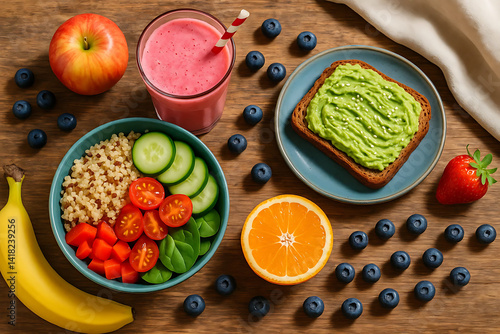 Colorful Flat Lay of Plant-Based Breakfast with Fruit and Veggies
