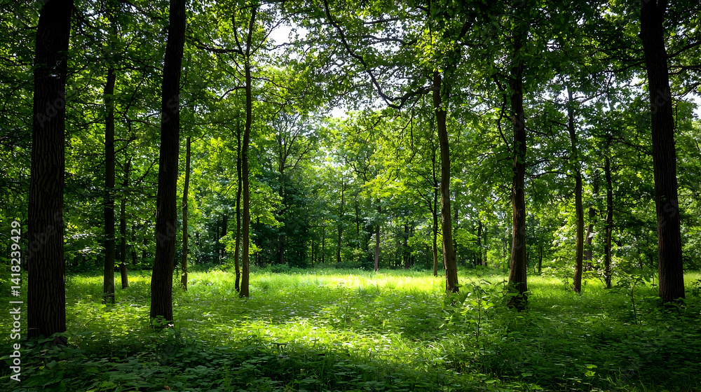 Sunny Forest Scene With Lush Green Trees Sunny Forest Scene With Lush Green Trees