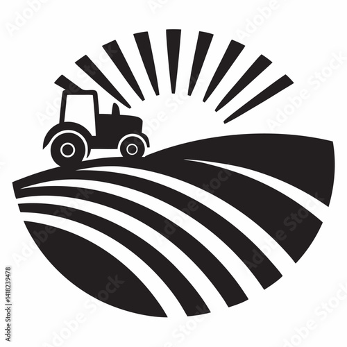 Tractor silhouette on farm field with rising sun icon vector design