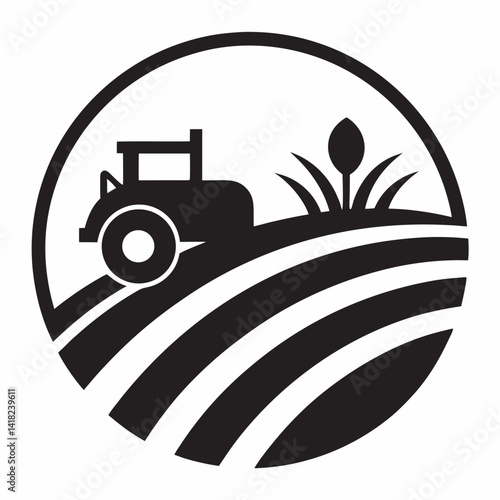Agriculture tractor on field silhouette emblem symbol icon vector illustration