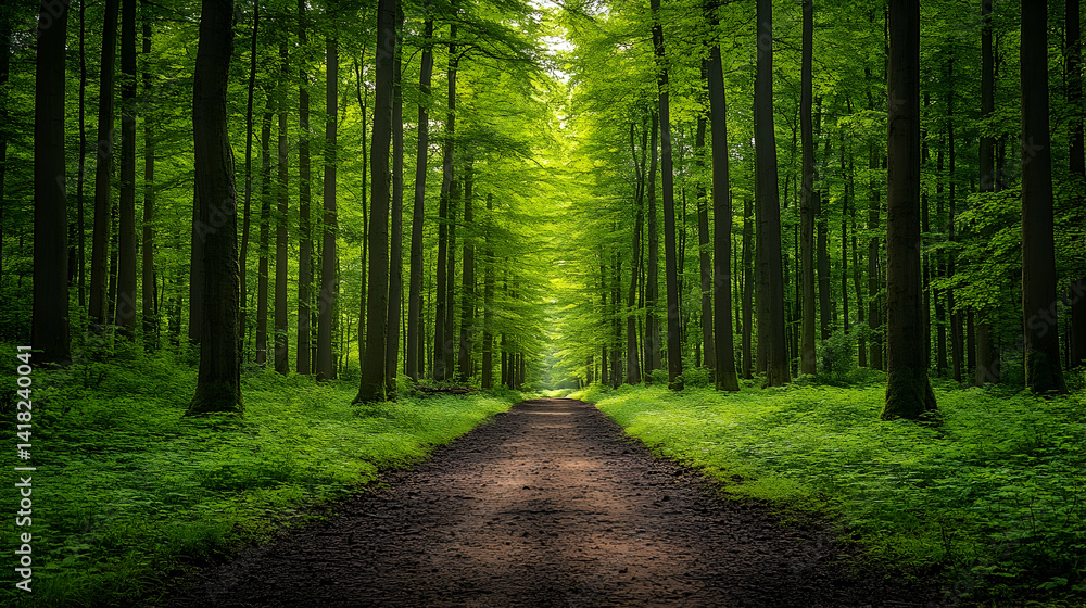 Obraz premium Woodland scene showing a dirt pathway through tall trees lined with green foliage a beam of light at the end of the tu