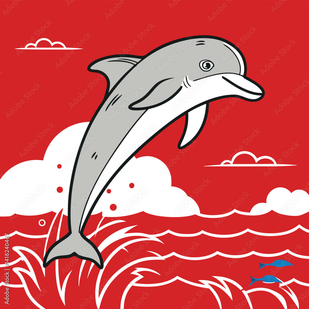 Fototapeta premium Leaping Dolphin Cartoon with White Outlines on Red Backdrop Design