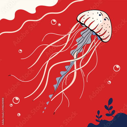 Jellyfish with Tentacles, Bubbles, Seaweed on Red Background Art