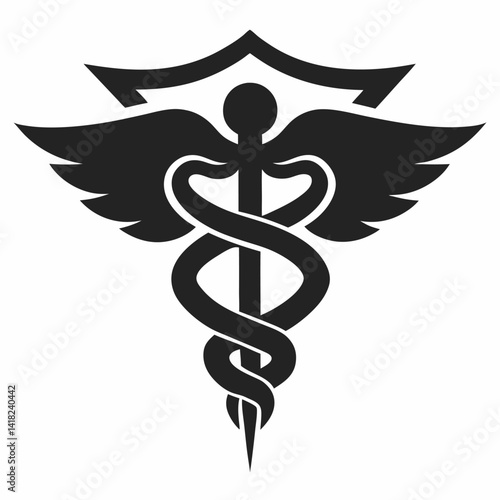 Medical symbol caduceus with shield minimalist vector illustration for healthcare design