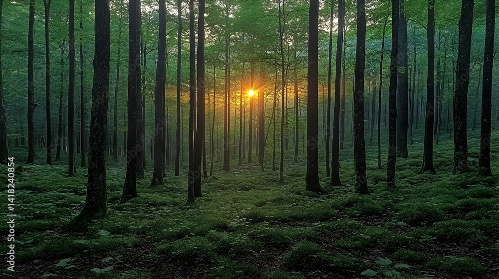 Naklejka premium Dense forest scene with tall trees and bright sunlight piercing through the canopy onto the lush ground covering