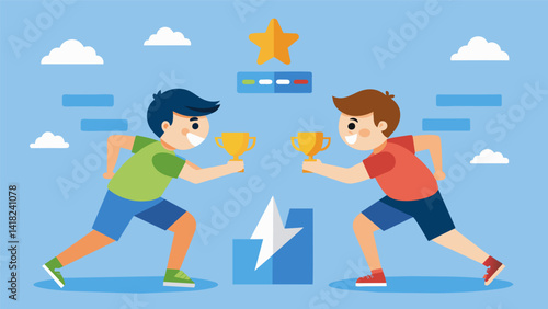 A sibling duo challenging each other to beat their personal bests on a workout game app.. Vector illustration