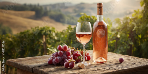Rose wine bottle and glass on rustic wooden table, grapes nearby, vineyard background, showcasing wine tasting concept