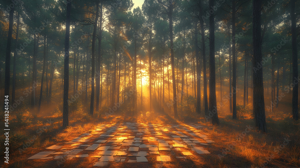 Fototapeta premium Sunlit forest scene featuring tall trees and a golden path of light shining through The ground is scattered