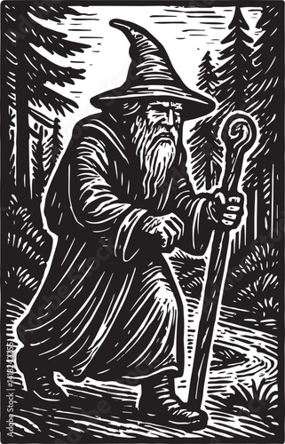 wizard walking fantasy vector illustration 