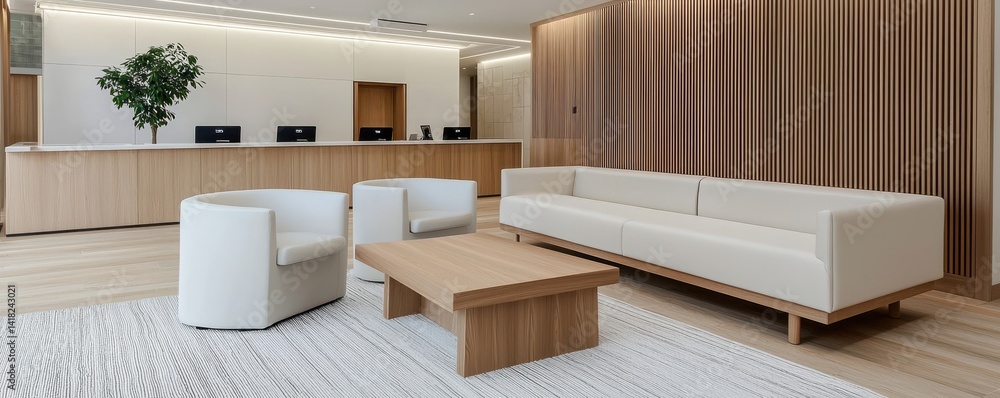 A modern reception area featuring minimalist furniture, wooden accents, and a touch of greenery, promoting a welcoming atmosphere. A modern reception area featuring minimalist furniture, wooden accents, and a touch of greenery, promoting a welcoming atmosphere.