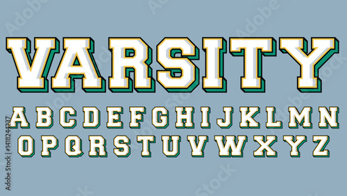 varsity school college green white and yellow 3d isolated font