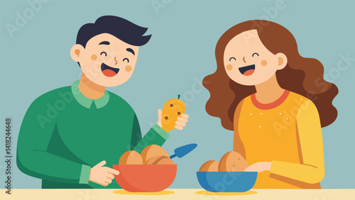 A young couple laughing and joking as they peel potatoes together for the Thanksgiving meal they are helping to prepare.. Vector illustration