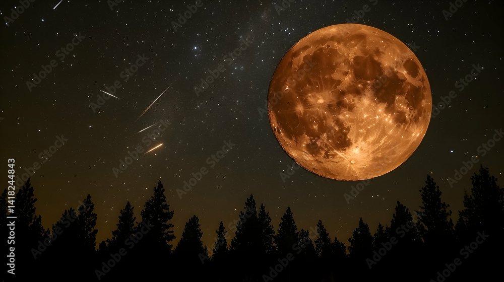 Full orange moon over trees, stars Full orange moon over trees, stars