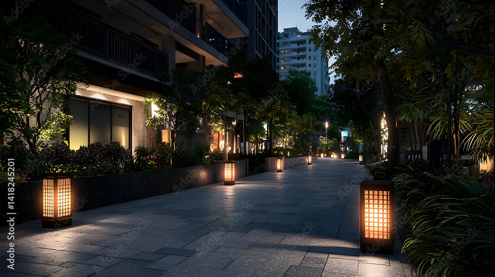 Obraz premium Night Street Scene With Decorative Lamps In Asian City