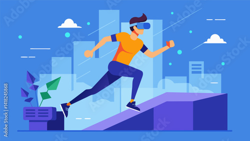 A virtual reality trainer guiding users through a parkourinspired workout utilizing VR technology to make it feel like theyre training in a realworld. Vector illustration