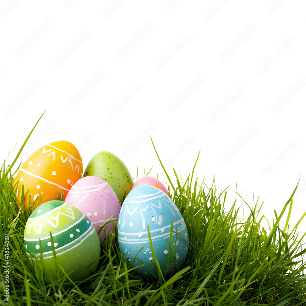 Fototapeta premium Untitled design - Colorful Easter eggs on green grass, isolated on a transparent background