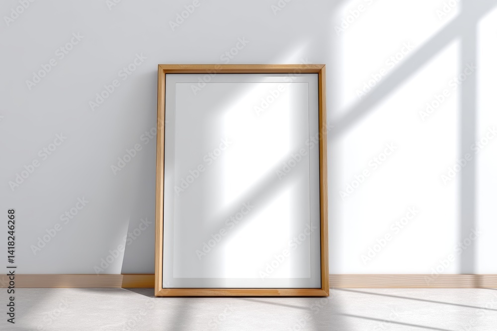 Stylish poster frame mockup leaning against a modern wall in a bright, minimalist indoor setting Stylish poster frame mockup leaning against a modern wall in a bright, minimalist indoor setting