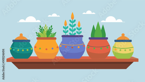 A row of brightly colored pots filled with various herbs and es carefully p on a table to be used for incense during the nativity.. Vector illustration