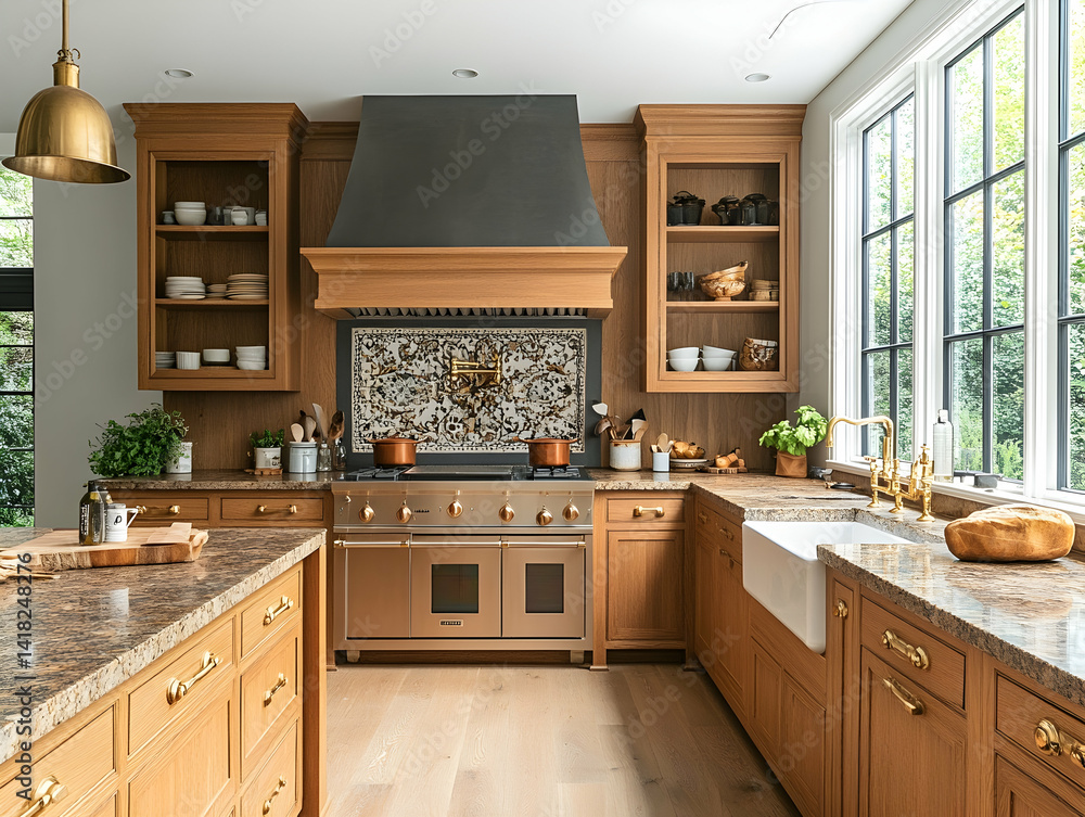 Fototapeta premium Elegant kitchen with wood cabinetry granite countertops a farmhouse sink modern appliances and natural light from lar