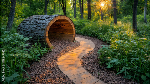Winding wood plank path leads into a tunnel of hollowed log surrounded by lush greenery lit by a burst of sunlight