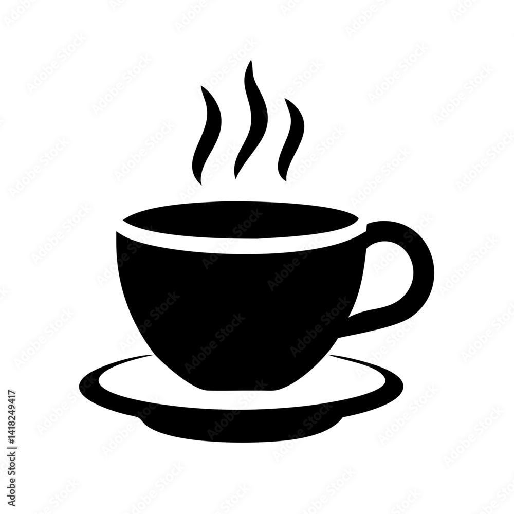 Black coffee cup with steam on saucer Black coffee cup with steam on saucer