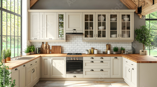 Bright airy kitchen with ivory cabinets wood countertops  large windows Plants add a fresh natural touch to the el