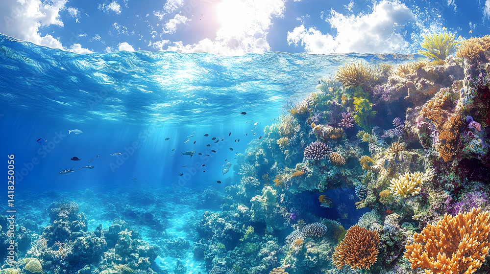 Naklejka premium Half and half image of ocean with coral reef and blue sky filled with fishes sun ray and clouds