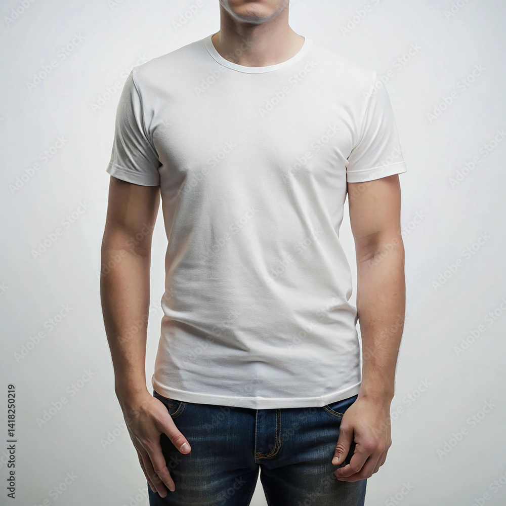 Obraz premium Man Against Brick Wall Wearing Plain White T-Shirt