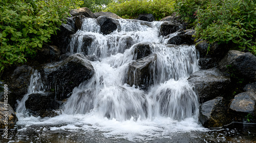 Small Waterfall Cascading Over Rocks In Lush Garden