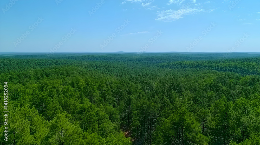 Obraz premium Vast dense forest stretches towards distant hills under a clear sky a serene panorama of natural beauty