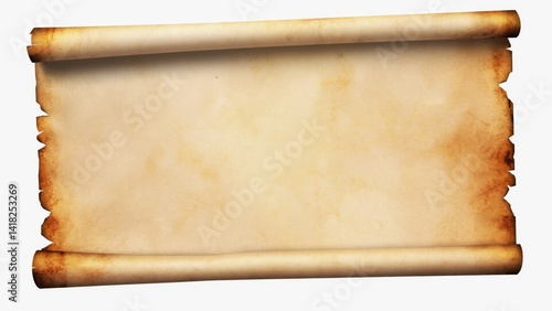 A close-up view of an old scroll of paper on a white background, suitable for use in historical or vintage-themed designs