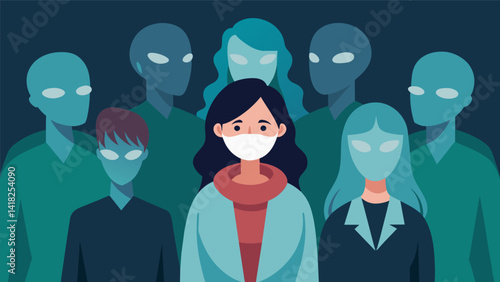 A watercolor painting of a person surrounded by a group of people each wearing a different mask to represent the anxiety of trying to fit in and be. Vector illustration
