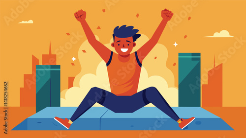 A user sweating and out of breath after completing a virtual parkour circuit feeling accomplished and energized by the intense workout.. Vector illustration