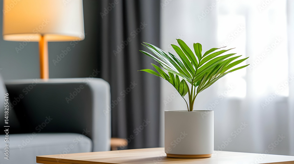 Potted Plant On Wooden Table In Cozy Living Room Potted Plant On Wooden Table In Cozy Living Room