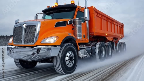Powerful Orange Dump Truck on Snowy Road