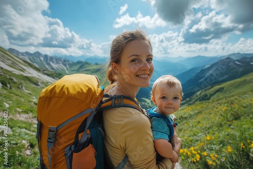Young mom with baby boy travelling. Mother on hiking adventure with child, family trip in mountains. National Park. Hike with children. Active summer holidays. Fisheye