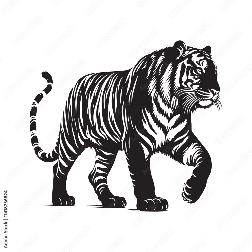 Naklejka premium Stripes of Power: A Striking Collection of Bengal Tiger Vector Silhouettes Showcasing the Majesty, Strength, and Endangered Beauty of This Iconic Big Cat of India