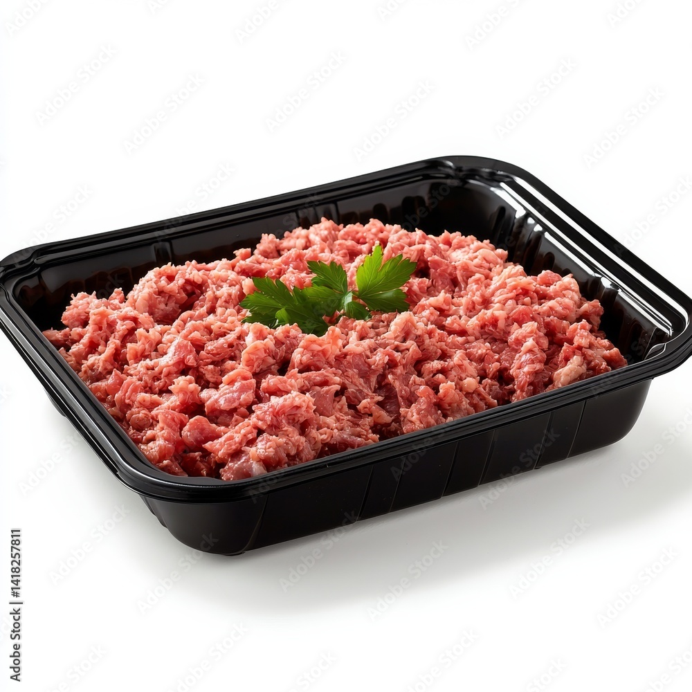 Ground Meat in Black Tray with Parsley, protein, beef Ground Meat in Black Tray with Parsley, protein, beef